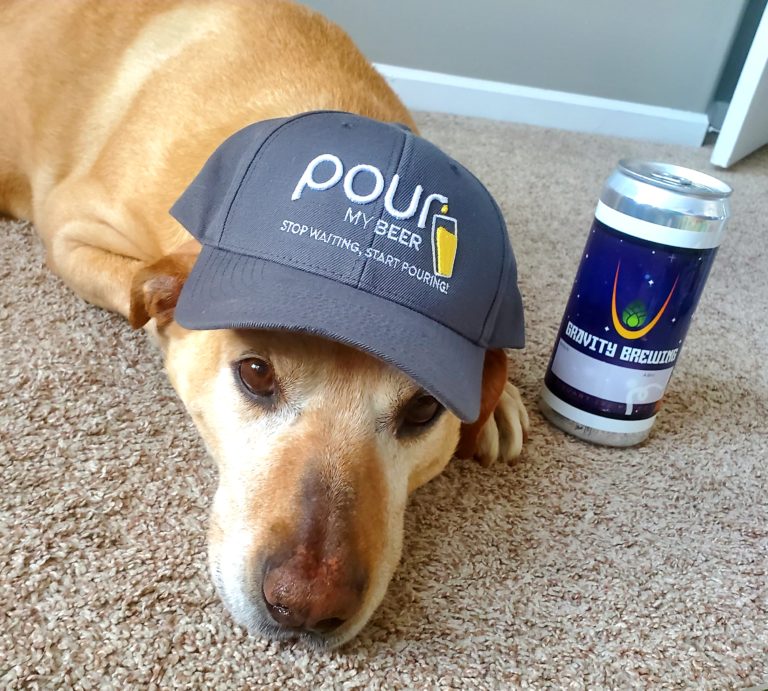 Dog with PourMyBeer Hat and Gravity Brewing Craft Beer